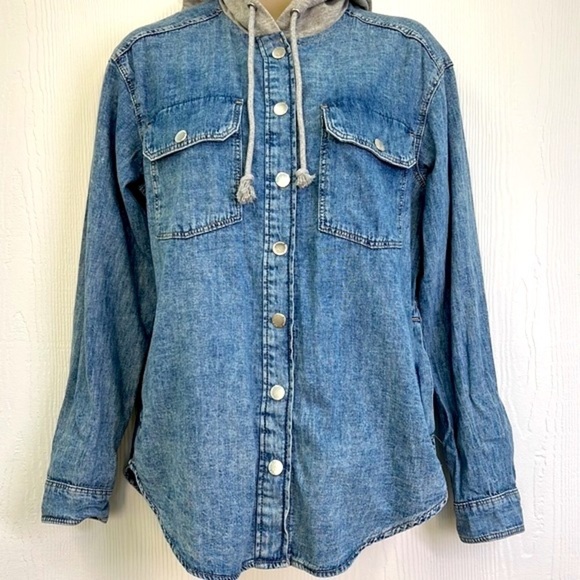 H&M - Stonewash Button Down Grey Hooded With Pockets Long Jean Shirt Size XXS - Picture 3 of 11